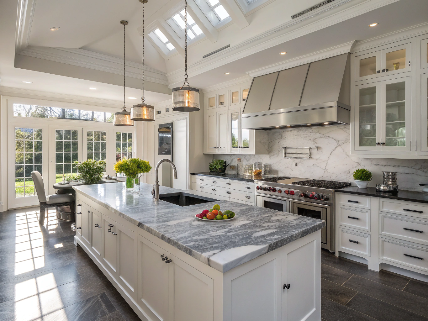 Modern open-concept kitchen renovation with marble islands